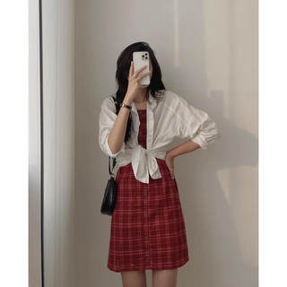 Váy 2 dây thô thắt nơ lưng kẻ đỏ trắng