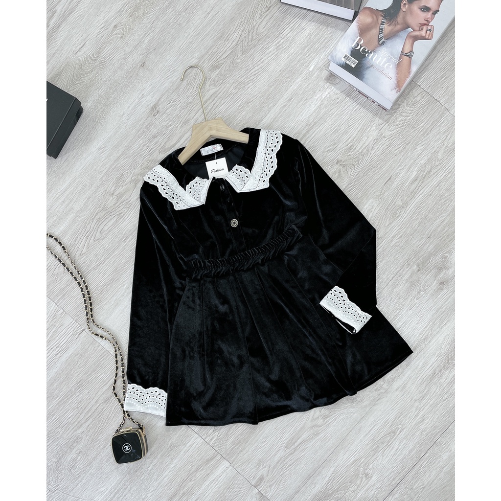 Set chân váy nhung ren cổ bèo tiểu thư đồ bộ nữ thu đông | BigBuy360 - bigbuy360.vn