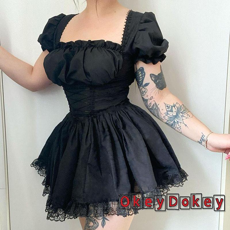 Đầm Công Chúa Mini Thắt Dây Tay Phồng Phong Cách Gothic Cổ Điển 90S Y2K Dành Cho Nữ