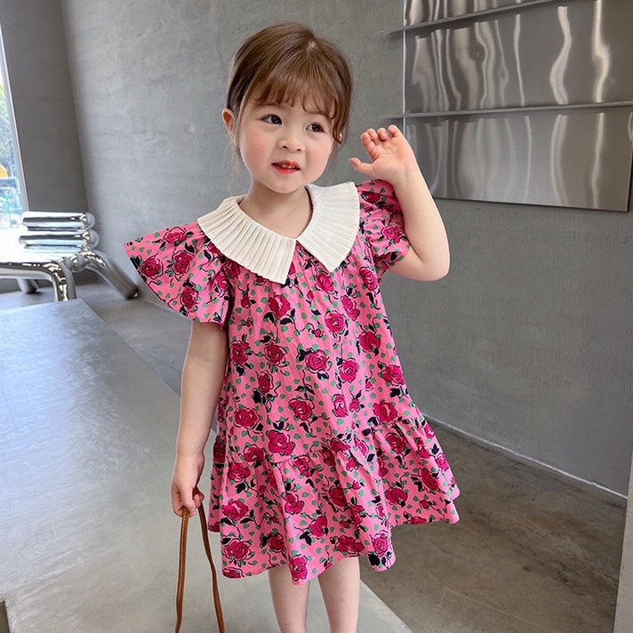 Đầm Công Chúa Cổ Búp Bê Họa Tiết Hoa Dập Nổi Xinh Xắn Cho Bé Gái
