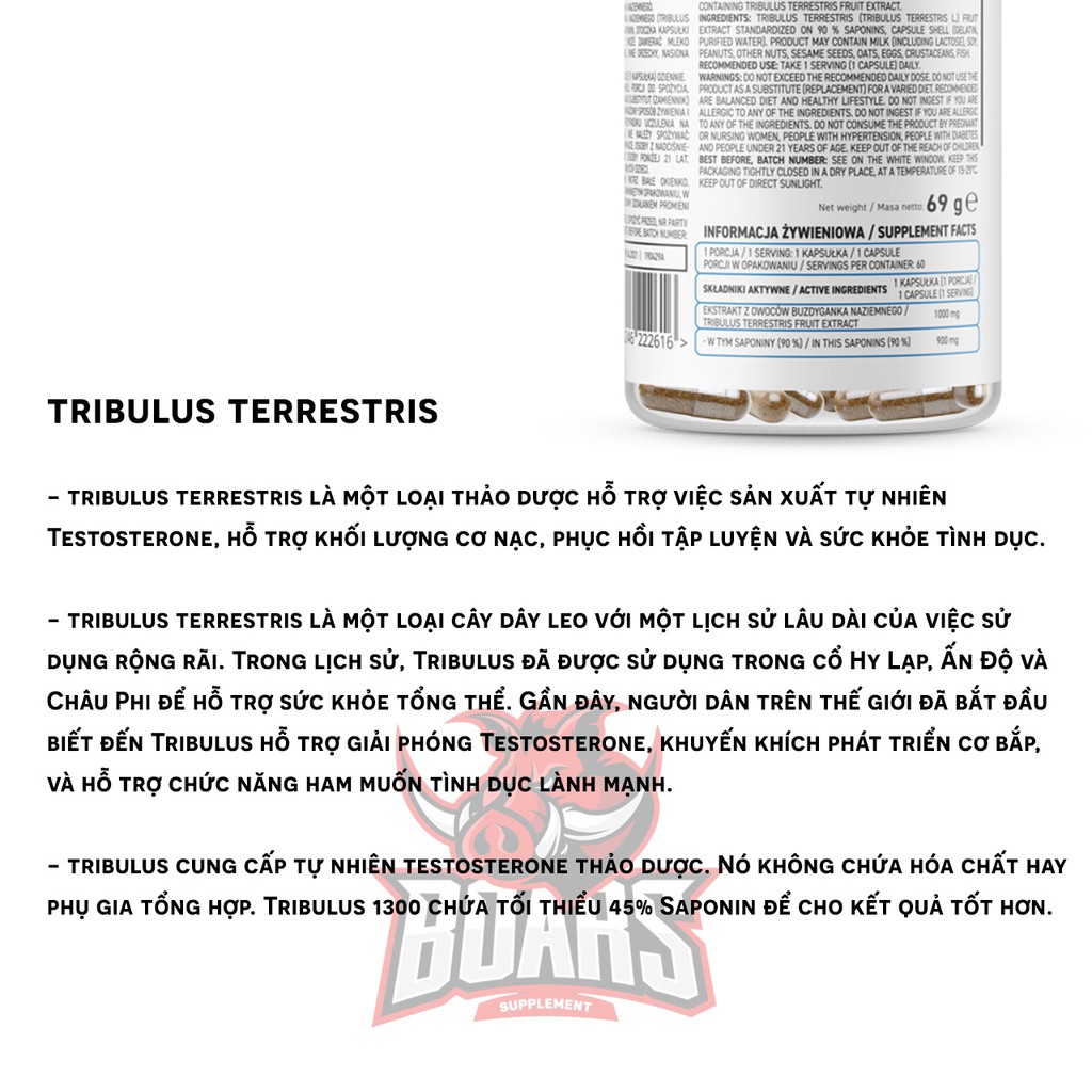 TRIBULUS TERRESTRIS 90 - THỰC PHẨM SỨC KHỎE, TĂNG CƯỜNG SỨC MẠNH CƠ BẮP, KHẢ NĂNG ĐÀN ÔNG (60 VIÊN)