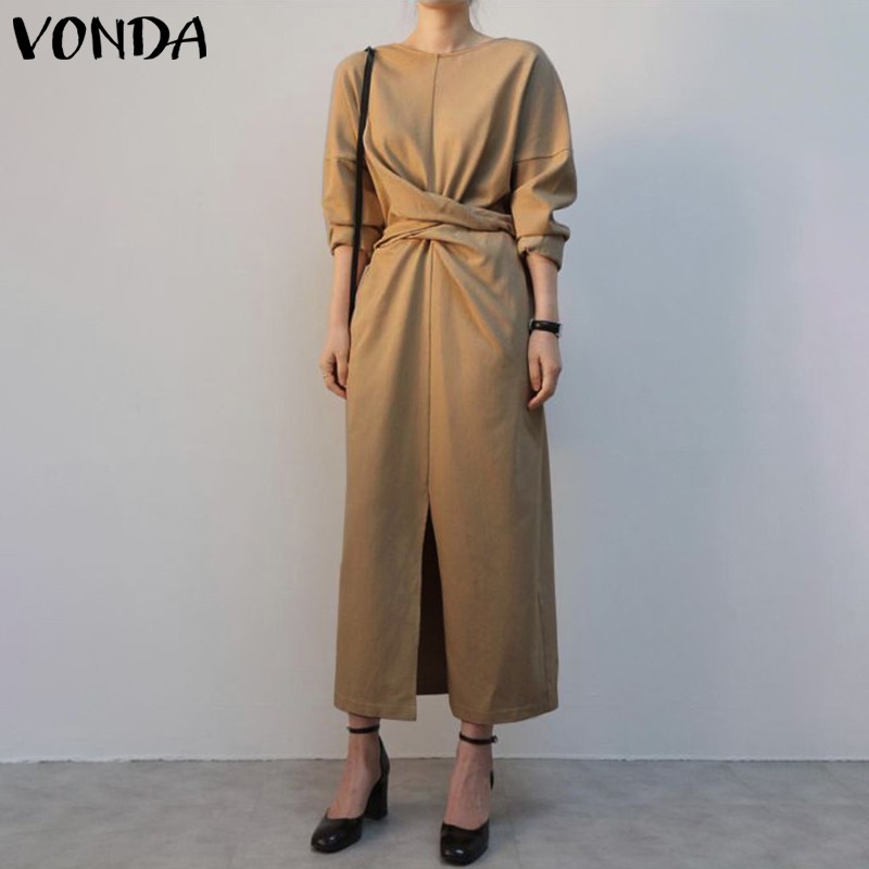 VONDA Women Long Sleeve Front Slit Belted Elegant Casual Long Dress | BigBuy360 - bigbuy360.vn