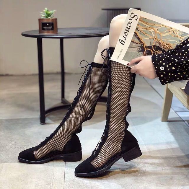 [ ORDER - ẢNH THẬT CUỐI CÙNG ]  Boots lưới (3-6cm) dáng dài phối da lộn hot hit 2019 gót vuông hàng qc cao cấp