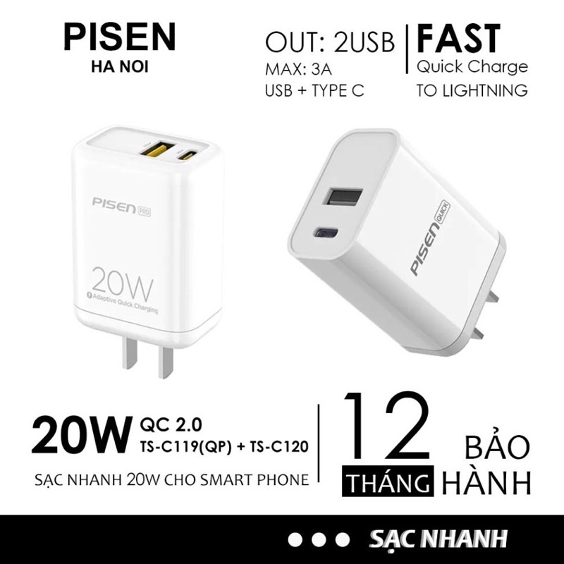 Củ Sạc Pisen 2 Cổng USB 1A & 2.4A - Hàng chính hãng