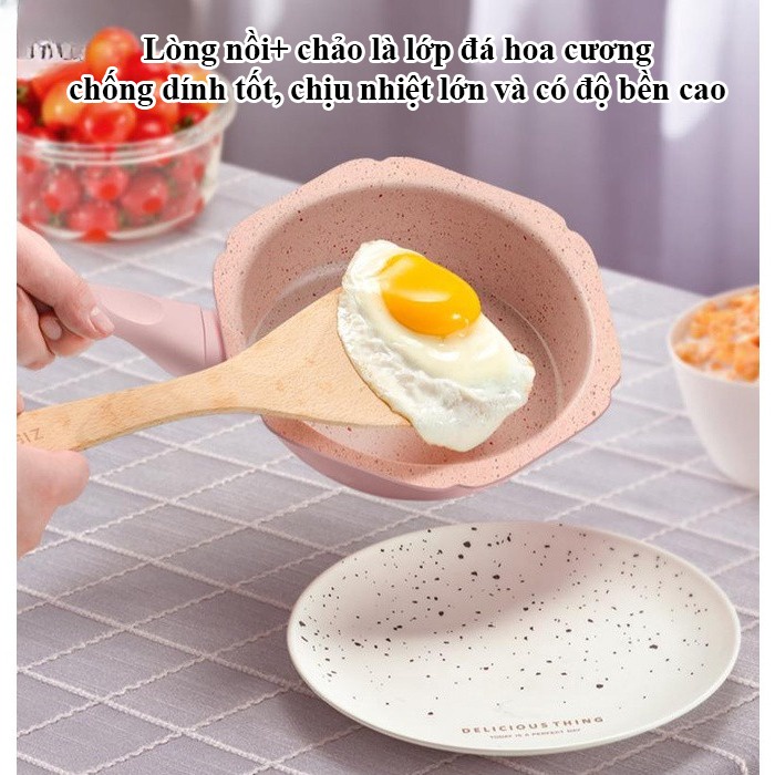 Bộ nồi, chảo, xửng hấp nấ đồ ăn dặm cho bé men đá chống dính tặng kèm muỗng silicon
