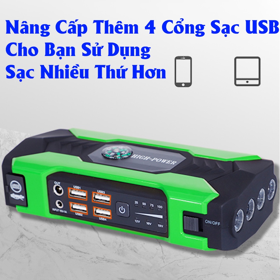 Bộ kích điện khẩn cấp nhanh gọn cho xe hơi Car365 cao cấp - Dung lượng cao - Đa chức năng Sạc Kích, Đèn LED khẩn cấp