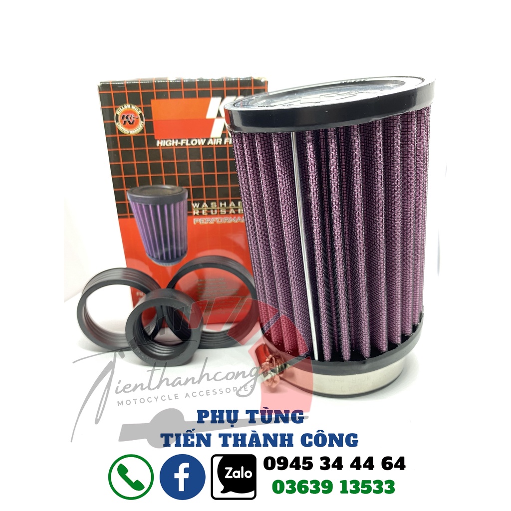 Lọc gió trụ/pô air trụ KN1280, tặng kèm 3 size vòng gioăng cao su gắn lắp cho mọi dòng xe máy.