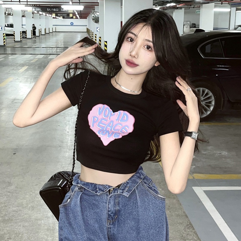 Áo Thun Crop Top Màu Trơn In Họa Tiết Trái Tim Và Chữ brroa Thập Niên 80 Phong Cách Vintage Dành Cho Nữ