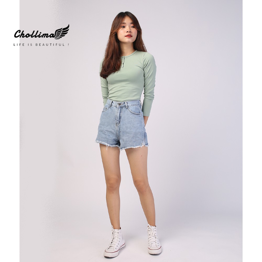 Quần short jeans nữ Chollima tua lai 2 nút QS013 – quần sọc jeans nữ ulzzang