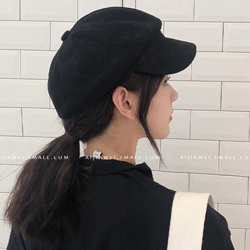 Mũ beret hình bát giác màu đen/xám phong cách họa sĩ thời trang thu đông dành cho nữ