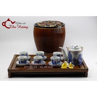 Bao ủ ấm Bát Tràng_giỏ ủ ấm kèm bộ tích 0.75 lít men Lam Cổ vàng kim