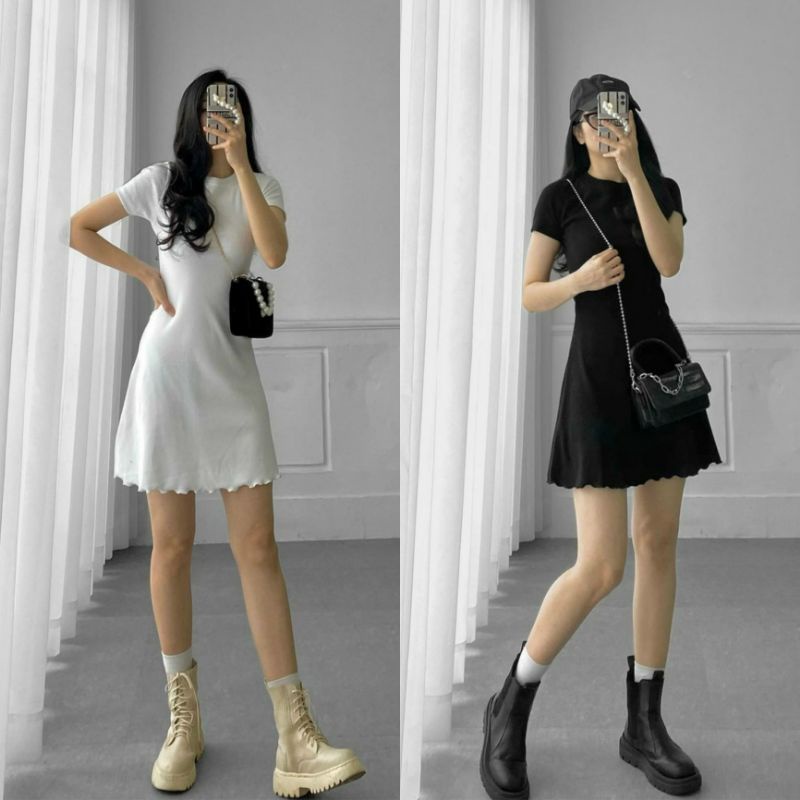 Đầm cổ tròn lai nhún nhẹ/ Đầm thun gân | BigBuy360 - bigbuy360.vn