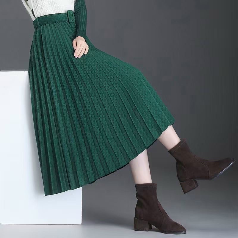 Chân váy nhung xếp ly kèm đai Quảng Châu loại 1