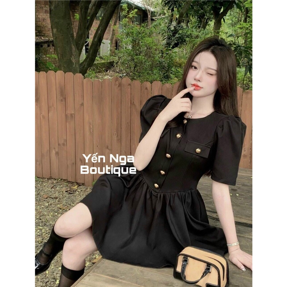 [8.8 Sales Freeship] Đầm nữ thiết kế đính nút đắp túi tay phồng, đầm đi tiệc cổ tròn ôm eo xòe kết nút cực sang trọng