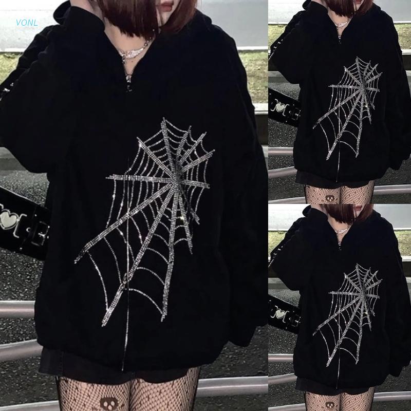 Áo khoác sweatshirt có mũ trùm tay dài họa tiết mạng nhện đính đá hình thời trang cá tính cho nữ