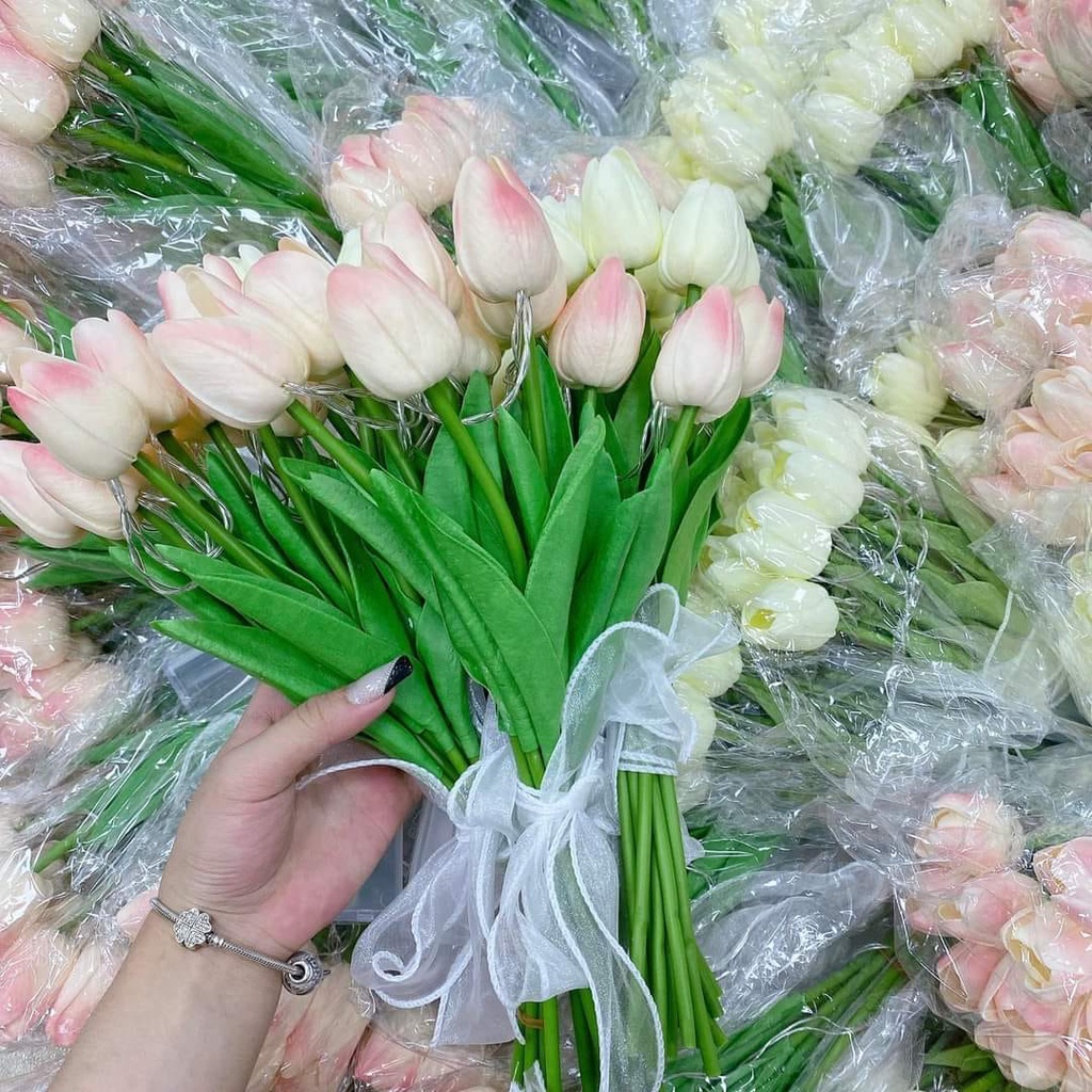 Bó 10 cành hoa tuylip đèn led -Hoa phát sáng, hoa lụa giả kèm nơ xinh Decor trang trí nhà cửa siêu xinh