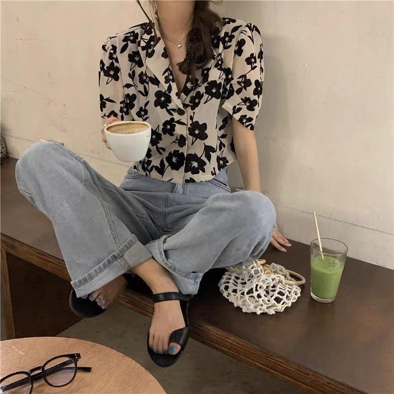 Hong Kong-style girl gentle retro flower slim lapel shirt woman