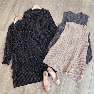 Set len gile váy đuôi cá cổ nơ