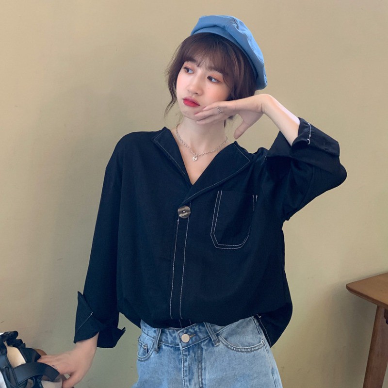 Áo sơ mi tay dài dáng rộng cổ chữ V thời trang phong cách Hàn Quốc cho nữ