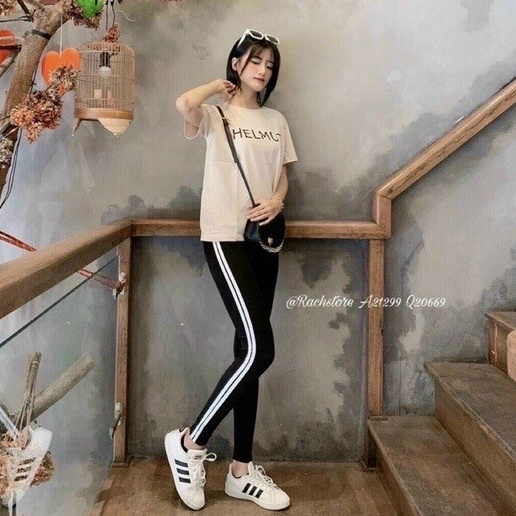 Quần legging nữ cạp cao lưng thun thể thao 2 sọc - 740