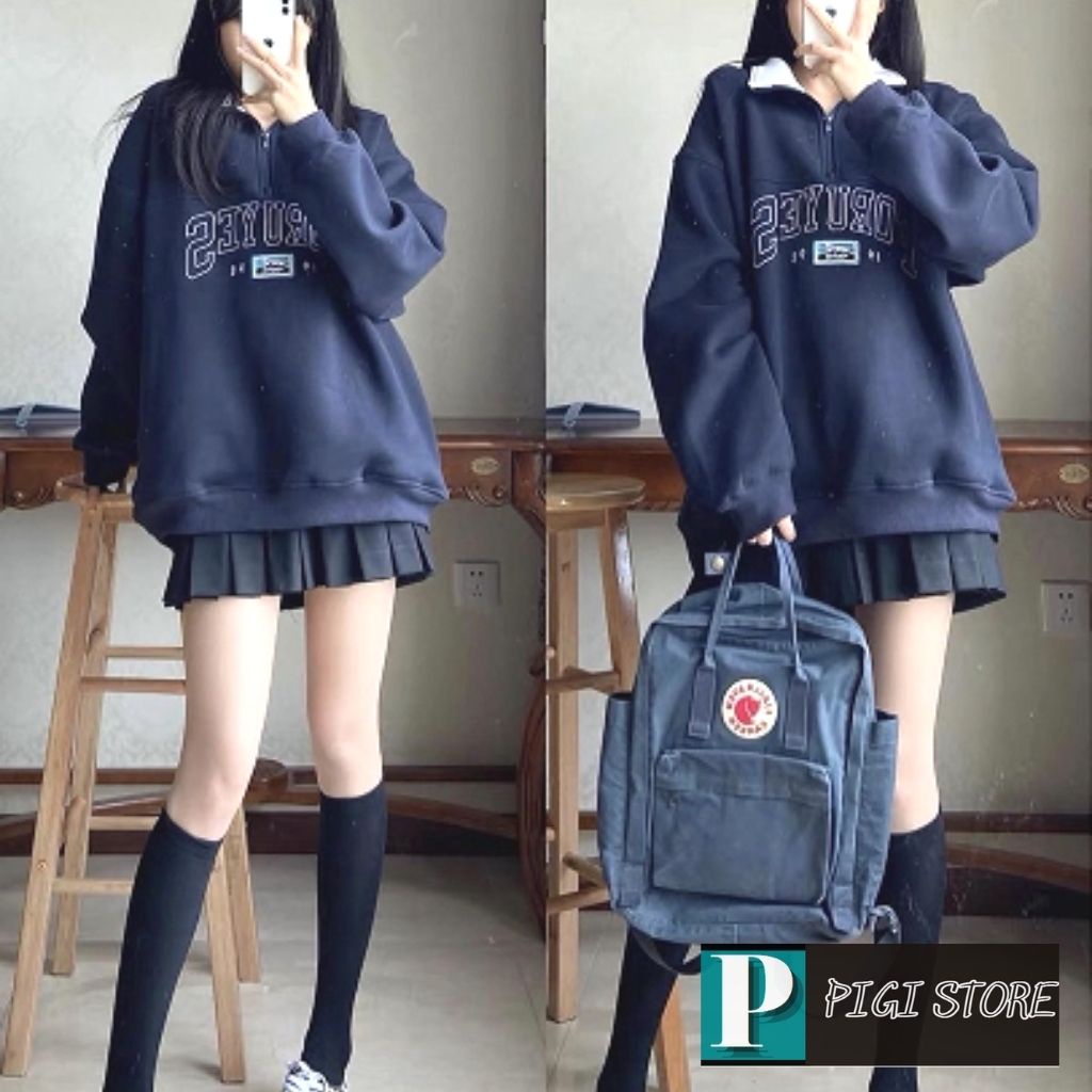 Áo Nỉ Sweater Nữ Form Rộng Tay Bồng Unisex, Áo Nỉ Cổ Cao Polo Chất Nỉ Ngoại In Chữ Siêu Đẹp PIGISTORE Mã 02