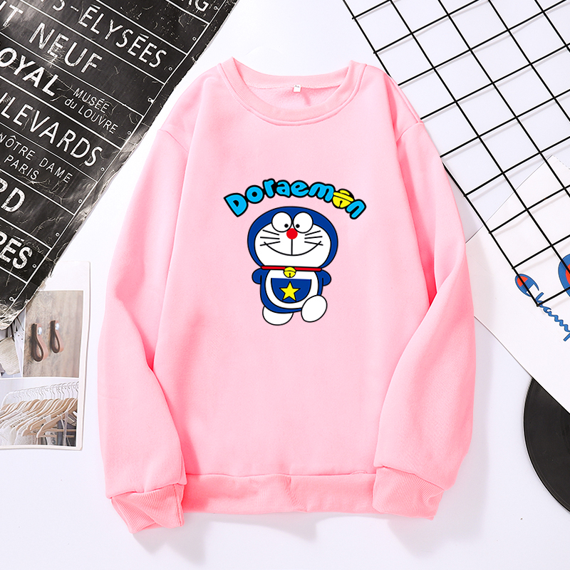 Áo sweatshirts phối nhung tay dài in hình Doremon phong cách thu đông thời trang cho cặp đôi
