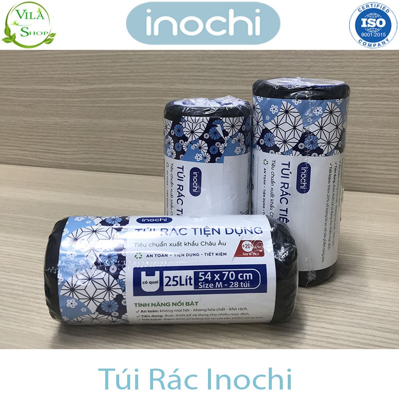 [ Lô 4 Cuộn ] Túi Rác Tự Huỷ, Túi Rác Có Quai Tiện Dụng Chính Hãng Inochi, Loại 10L 25L 50L - Dạng Cuộn Màu Đen