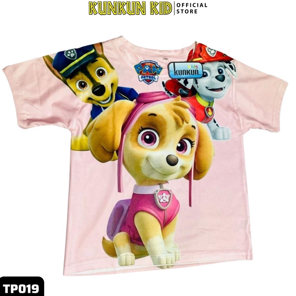 Quần áo bé gái thun lạnh in 3d tay ngắn hoạt hình chú chó cứu hộ Kunkun Kid TP019