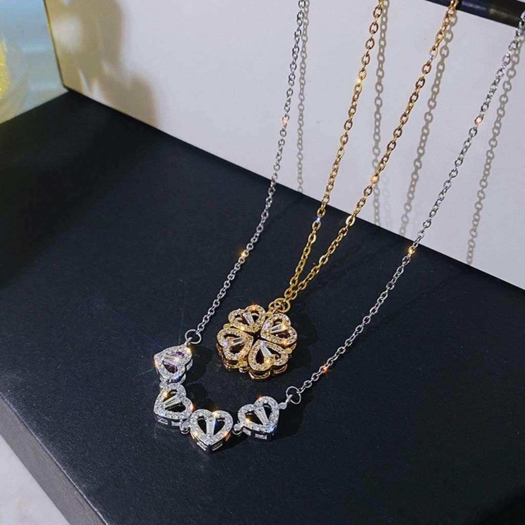 Vòng cổ hợp kim bạc titan Lux Jewelry, dây chuyền nữ cỏ 4 lá đeo 2 kiểu trái tim – LUXJ923