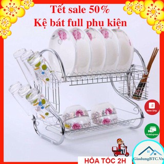 Kệ chén bát inox 2 tầng kèm ống đũa, khay đựng cốc và đựng nước thừa l Kệ úp bát đĩa inox không rỉ, 2 tầng