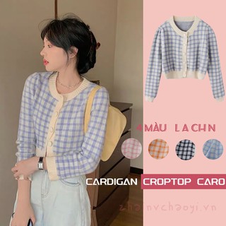 「HOME5」Áo khoác Cardigan cổ tròn dệt kim phong cách Hàn Quốc có họa tiết sọc Caro Thời trang mùa thu dành cho nữ