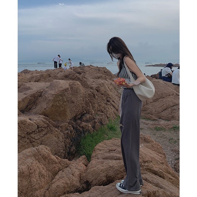 Xiaozhainv Áo Croptop Hai Dây Họa Tiết Sọc Caro Trắng Đen Phong Cách Mùa Hè Năng Động Hợp Thời Trang Dành Cho Nữ