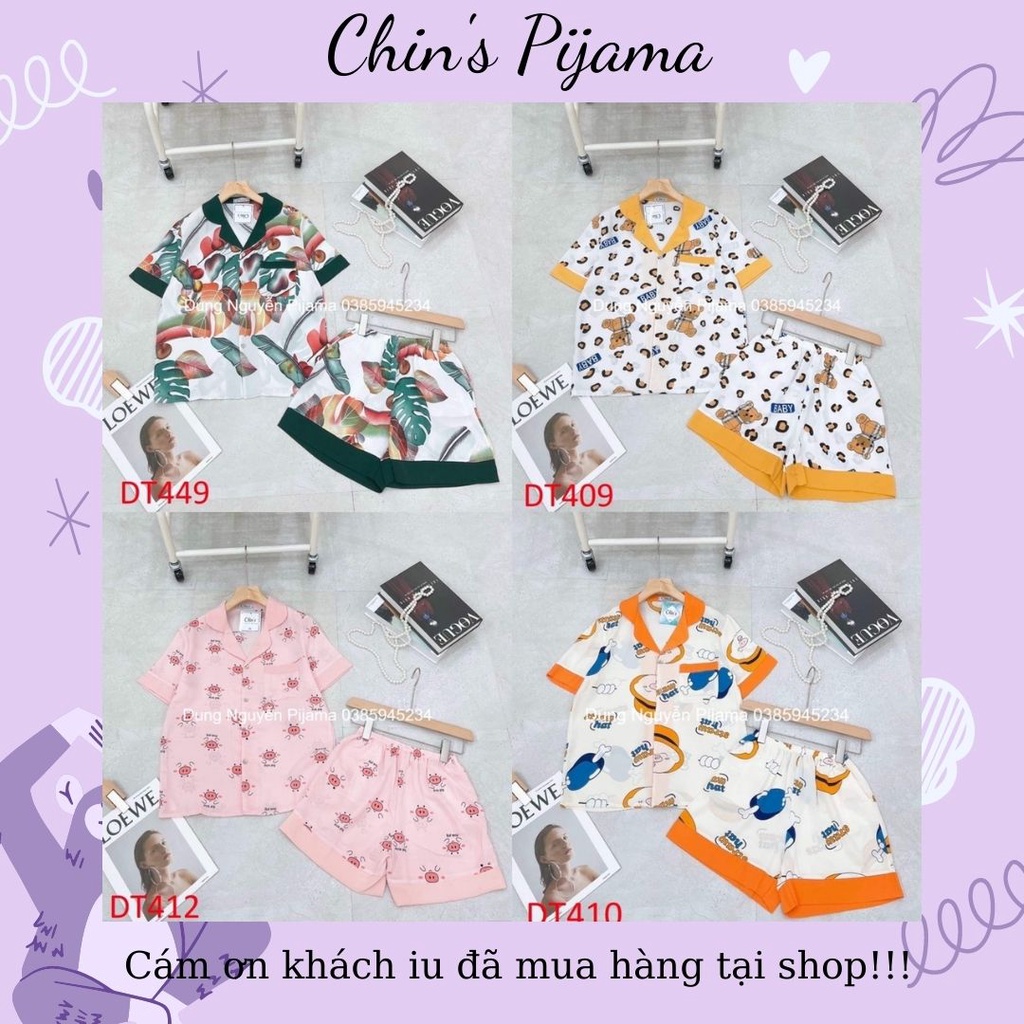 Bộ Ngủ Nữ Pyjama, Bộ mặc nhà tay cộc quần đùi cổ phối họa tiết dễ thương lụa mango cao cấp