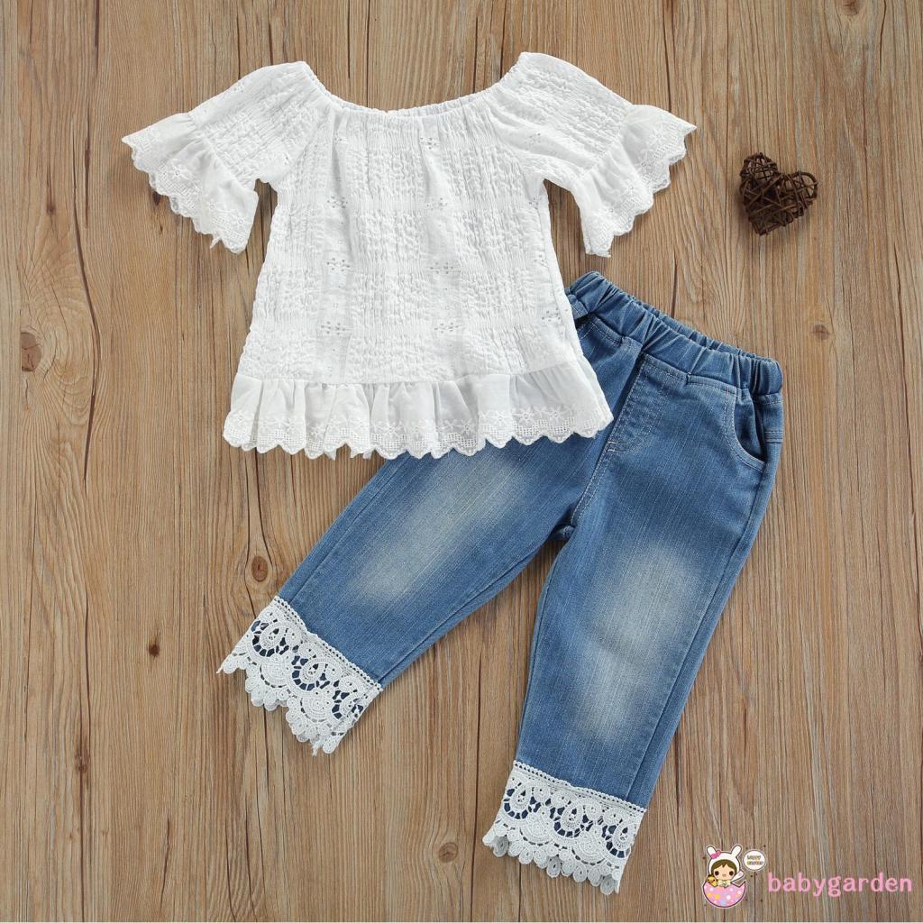 Set Đồ 2 Món Áo Tay Ngắn Màu Trơn Phối Ren + Quần Denim Thời Trang Cho Bé Gái 1-6 Tuổi