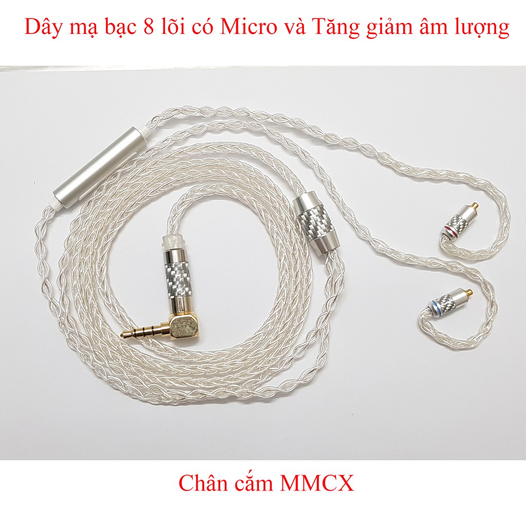 Dây mạ bạc 8 lõi chân cắm MMCX có MICRO và Tăng giảm âm lượng