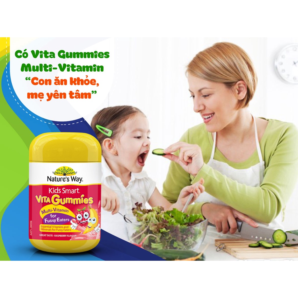 Kẹo dẻo Nature's Way Kids Smart Vita Gummies, Úc (60v) nhiều vị bổ sung vitamin, khoáng chất cho trẻ từ 2 tuổi