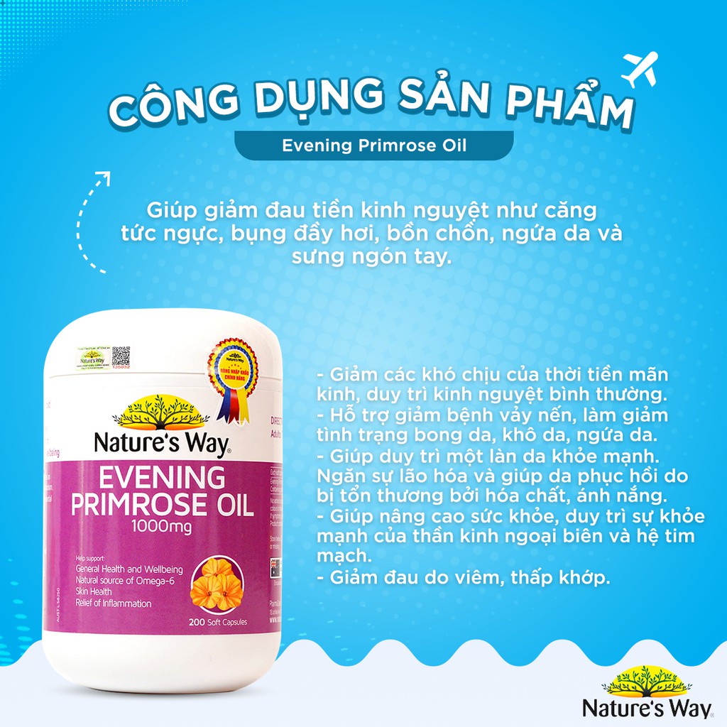 Viên Uống Hỗ Trợ Cân Bằng Nội Tiết Tố Nữ Nature's Way Evening Primrose Oil 200 Viên - Date mới