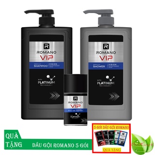 Romano: Bộ dầu gội Romano Vip 650g, Sữa tắm 650g, Lăn khử mùi 50ml +Tặng 5 gói dầu gội Romano.