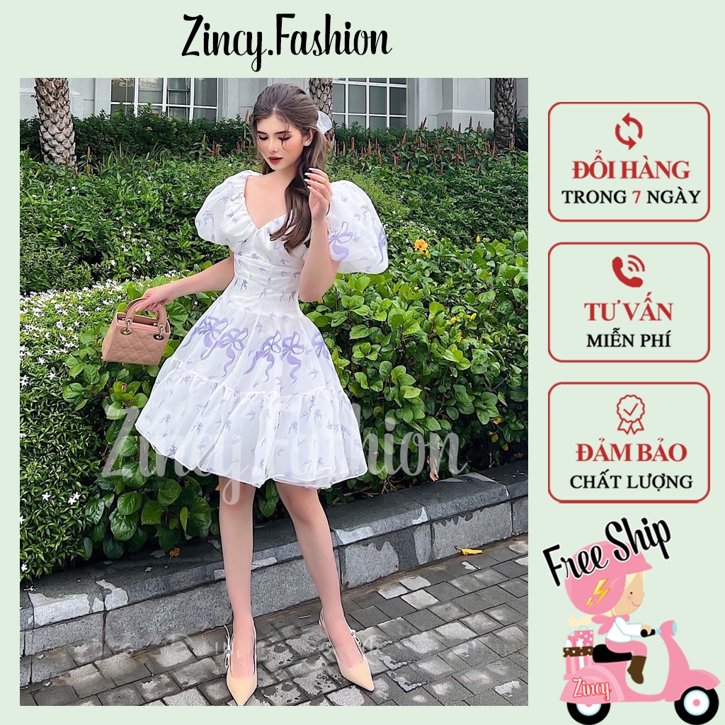 Đầm tay phồng dáng xoè công chúa Váy babydoll tiểu thư dáng ngắn cổ V tôn dáng 2 lớp đi chơi dạo phố - ĐTIM.001