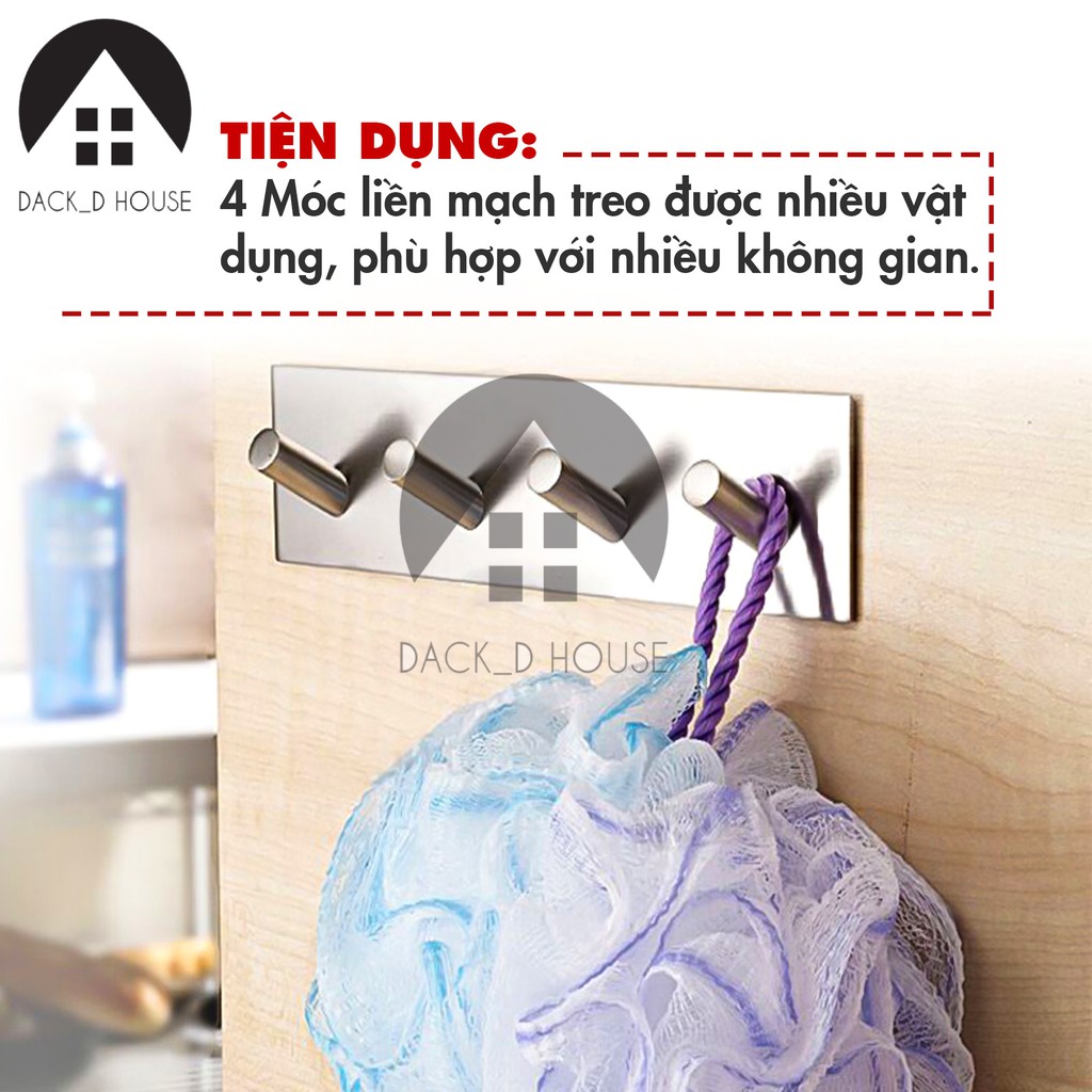 Móc treo quần áo inox Dack D Hous 4 chấu, inox 304 không rỉ sét, kèm keo 3M dán tiện lợi, gia dụng cao cấp