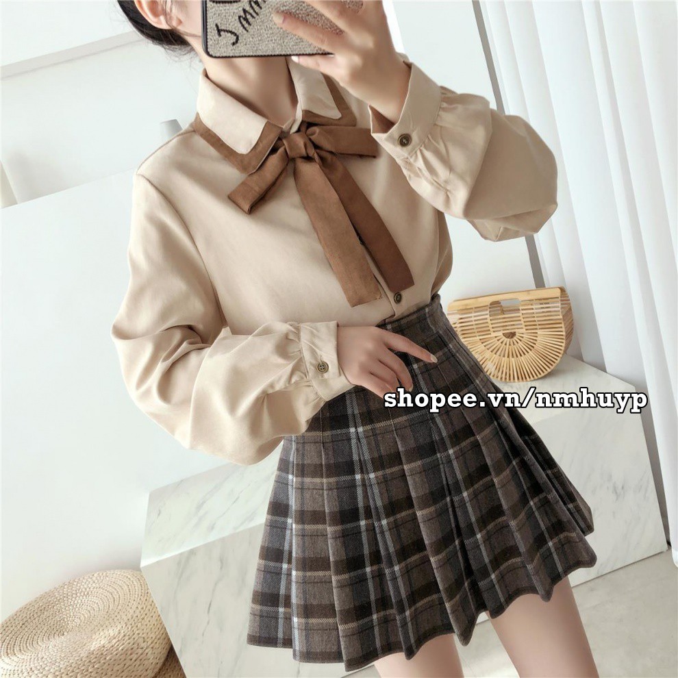 Áo sơ mi tay dài kèm nơ phong cách retro Hàn Quốc