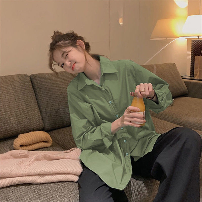 Áo sơ mi cho nữ tay dài dáng rộng phong cách Hàn Quốc