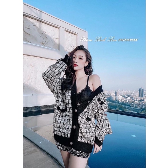 Áo khoác cadigan dệt kim kẻ ô sang chảnh 2021 hàng order