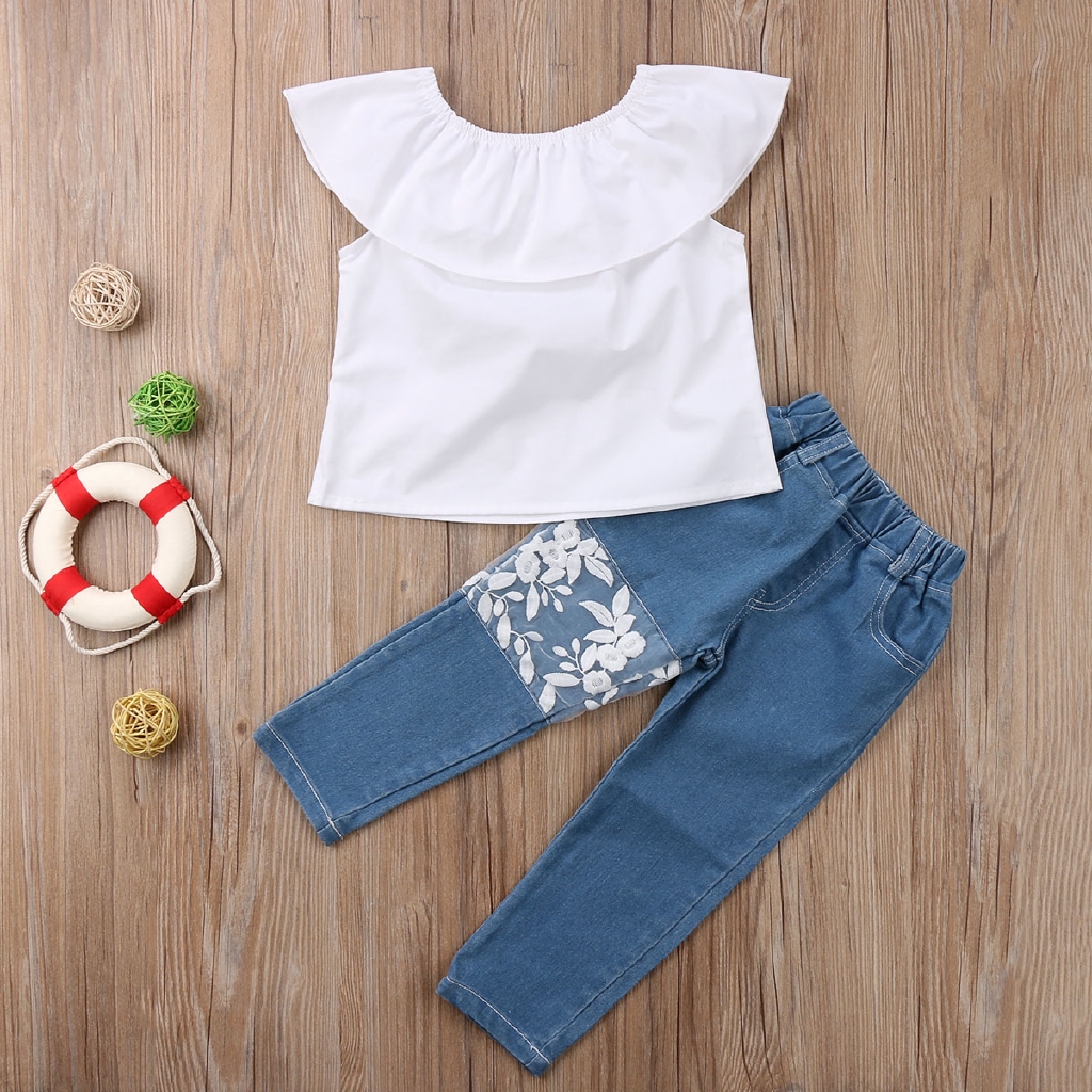 Set Áo Trễ Vai + Quần Jeans Cho Bé Gái