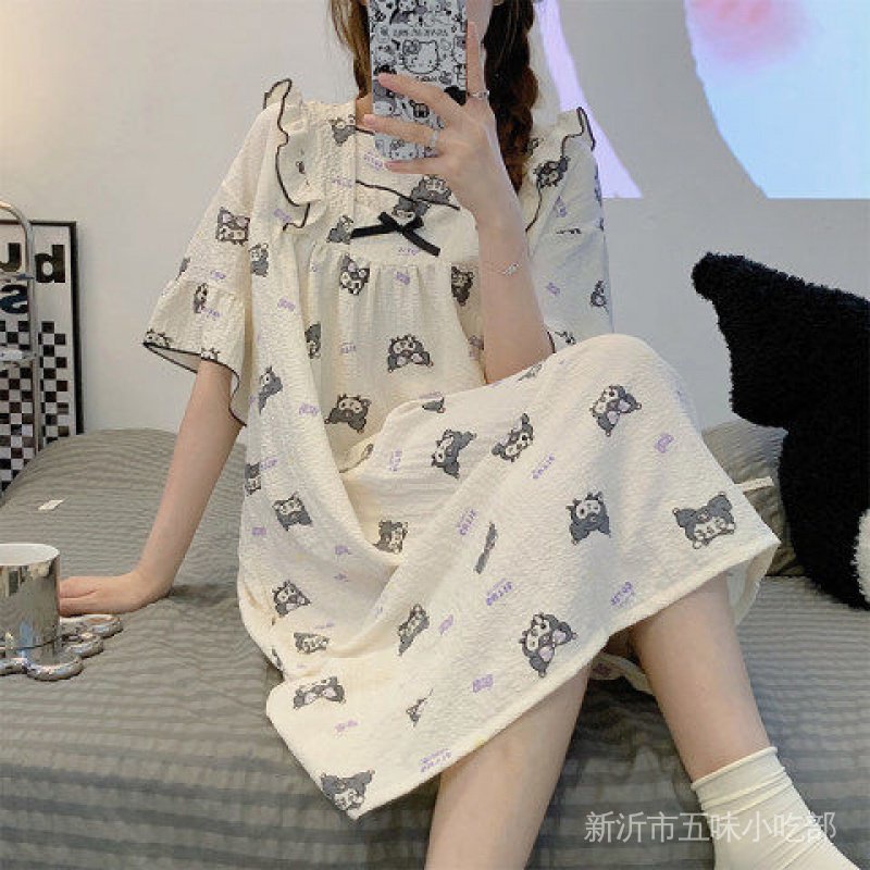 Đầm Ngủ Phối Bèo Đính Nơ Nhỏ Màu Đen Phong Cách Nhật Bản Thời Trang Xuân Thu Cho Nữ