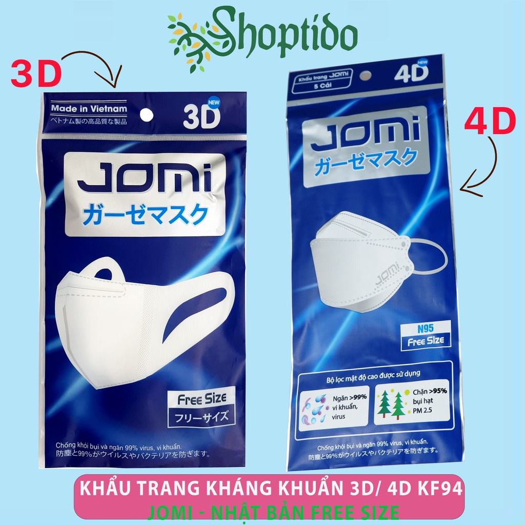 Khẩu trang y tế 3D JOMI / 4D kf94 kháng khuẩn, chống nắng, quai vãi cao cấp túi 5 cái NPP SHOPTIDO