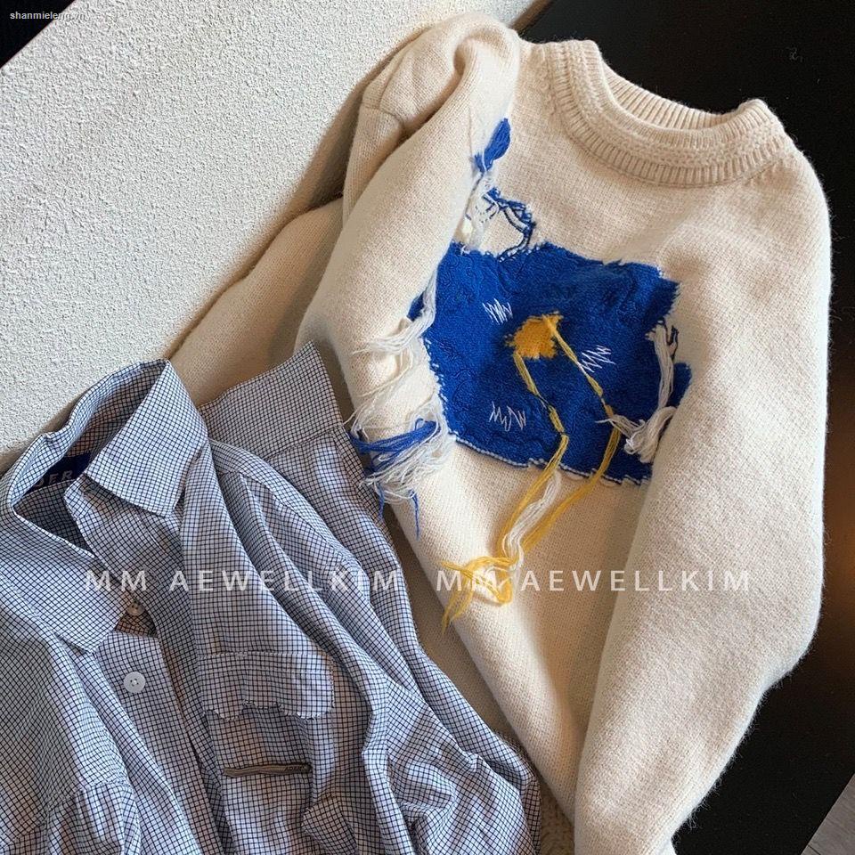 Áo sweater dáng rộng in họa tiết hoa graffiti màu xanh dương thời trang thu đông Hàn Quốc cho nữ