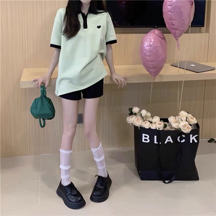 Áo thun polo nữ thêu hình trái tim màu xanh bơ phong cách Hàn Quốc