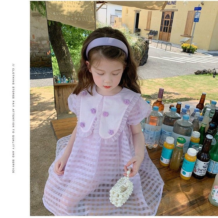 Đầm Công Chúa Phối Lưới Cổ Búp Bê Siêu Dễ Thương Thời Trang Mùa Hè Cho Bé Gái