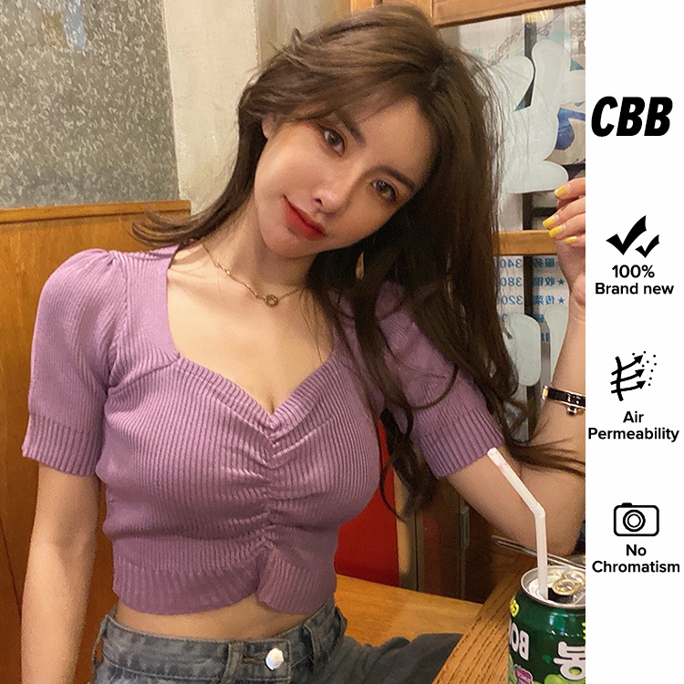 Porozi  Áo croptop  dệt kim tay phồng cổ chữ V thời trang Hàn Quốc dành cho nữ